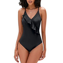 loginsummer - Traje de baño de una Pieza para Mujer con Volantes y Volantes, con Cordones en la Espalda, Monokini con Control de Barriga (Negro,EU42) precio