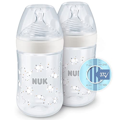 NUK Nature Sense - Juego de biberones de bebé (260 ml), pantalla de control de temperatura, 6 a 18 meses, con tetina de silicona similar a los pechos,
