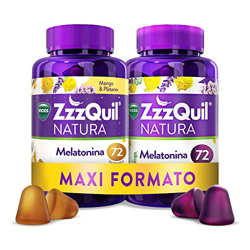 ZZZQuil Natura Melatonina complemento alimenticio para dormir, frutos del bosque y mango y plátano, Con Valeriana, Camomila , Vitamina B6 y extractos  características
