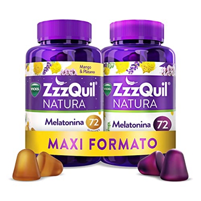 ZZZQuil Natura Melatonina complemento alimenticio para dormir, frutos del bosque y mango y plátano, Con Valeriana, Camomila , Vitamina B6 y extractos 