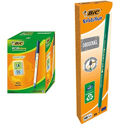 BIC Round Stic ECOlutions Bolígrafos de Punta Media (1,0 mm) – Azul, Caja de 60 unidades (8932402) & BIC Evolution HB - Lápiz con mina irrompible, 12 