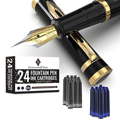 Juego de plumas estilográficas Wordsworth & Black de punta media con 24 cartuchos de tinta, un convertidor para la recarga de tinta y un Bolsa de rega