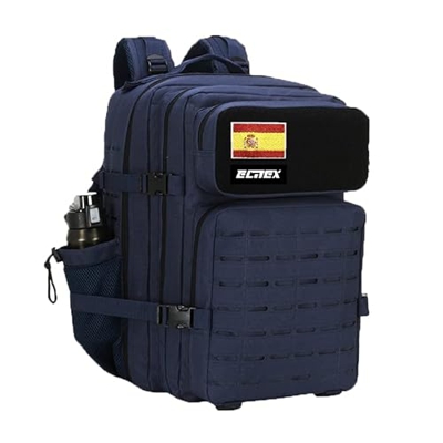 ELITEX Mochila 45L Táctica Militar Bandera España Impermeable para Crossfit Caza Aire Libre Deportes Gimnasio Portatil Oxford 900D (Azul Oscuro)