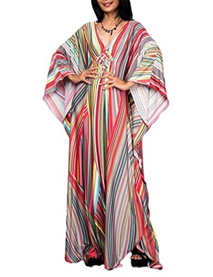 Bsubseach Mujeres Arco Iris Rayas Traje de baño Cubrir Ups Kaftan Batwing Manga de Talla Grande Playa Maxi caftán Vestidos