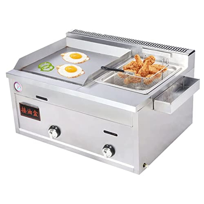 Freidora De Gas Comercial con Parrilla De Encimera, Parrilla Antiadherente Teppanyaki, Freidoras Profundas, Papas Fritas con Caja De Fuga De Aceite, T