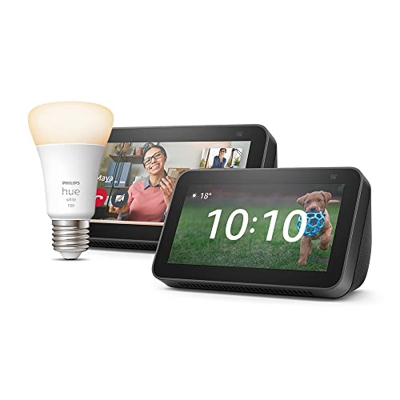 Kit de Hogar digital: 2 Echo Show 5 (2.ª generación, modelo de 2021), Antracita + Philips Hue White Bombilla Inteligente | Convierte tu casa en un Hog