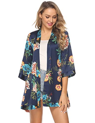 Wayleb Cárdigan Kimonos Mujer Large Cardigan Tejito Chaqueta Manga 3/4 Cardigan Florales Blusa Boho Elegante Camisolas y Pareos Chaqueta Chal Mujer,S+