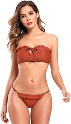 SHEKINI Mujer Bikini Traje de Baño Dividido Calado Bandeau Traje de Baño Vendaje Ropa de Playa (S, Óxido Rojo)