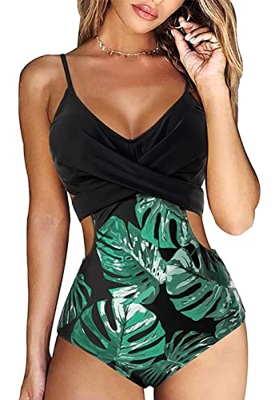 Wantonfy Bañador para Mujer Traje De Baño de Una Pieza Escote en V Profundo Push Up Bañador Ahueca Bikini