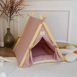 Tienda de campaña de madera maciza para gatos con alfombrilla gruesa, casa portátil para perros tipi, linda cama para gatos tipi, cama para perros (ro precio