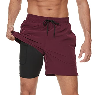 Arcweg Bañador para Hombre con Forro de Compresión 2 en 1 de Secado Rápido con Forro Corto Elástico para la Playa con Bolsillos con Cremallera Vino Ro