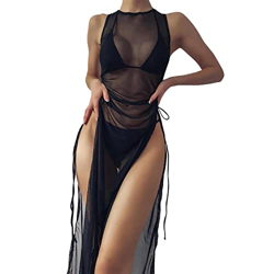 IQYU Kimono largo para la playa, poncho para mujer, pareos y vestidos de playa, sexi, transparente, kimono, bikini, cubierta para traje de baño, Negro en oferta
