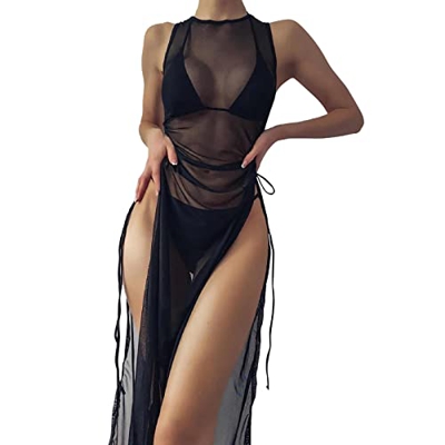 IQYU Kimono largo para la playa, poncho para mujer, pareos y vestidos de playa, sexi, transparente, kimono, bikini, cubierta para traje de baño, Negro