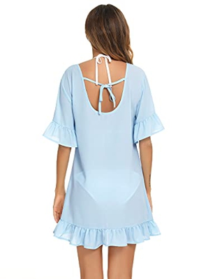 Irevial Vestido de Playa Verano Mujer Sexy Vestido Suelto Mujer Corto Elegante Manga Corta Traje de Baño Cover up Ropa de Baño Playa Camisolas y Pareo