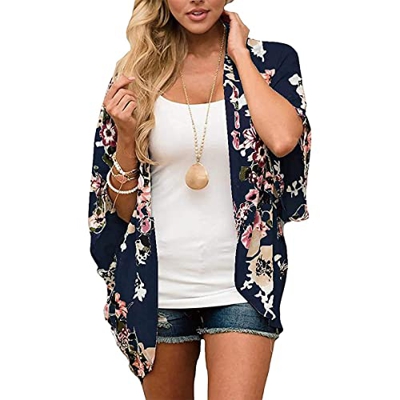 TBSCWYF Mujer Cárdigan Kimono Florales Manga 3/4 Gasa Boho Blusa Playa Encubrir Chaqueta Vacaciones Playa Chal