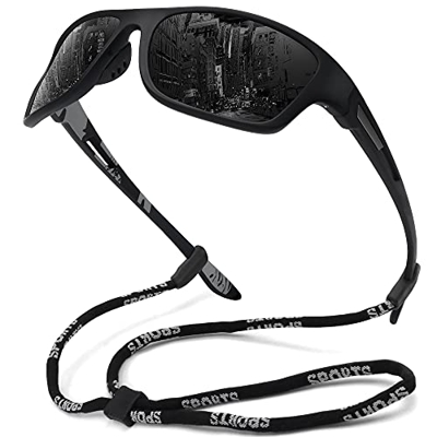 MEETSUN Gafas de Sol Deportivas Polarizadas para Hombres Pesca Ciclismo Béisbol Correr Y Conducir Protección UV400 Montura Negra-Lente Gris