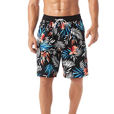 KASEBAY Pantalones cortos de playa para hombre, trajes de baño de secado rápido, pantalones casuales de surf con bolsillo, Hoja blanco-negra., XXL