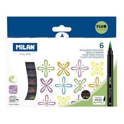 Caja 6 rotuladores punta pincel colores Fluo MILAN®