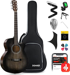 Donner Guitarra Acústica 4/4 para Adulto Principiantes Guitarra Kit Mini Jumbo Cutaway 40 Pulgadas con Pickup Bolsa Cuerda Afinador Negro en oferta