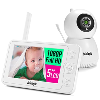 Sainlogic Video Baby Monitor con cámara,1080P FHD 5 lnch Pantalla LCD, visión Diurna y Nocturna, 140 m de Alcance, Lente Gran Angular, con función de 