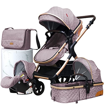 Silla de paseo, cochecito 4 en 1 con bolsa para mamá, material de lujo de alta vista/conjunto de silla de paseo (X1 khaki)