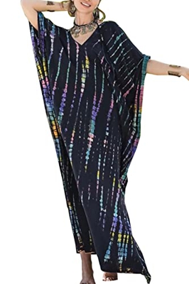 YouKD Vestido largo de algodón floral kaftán bohemio kimono playa traje de baño cubierta para mujer, E Azul Oscuro, Talla única