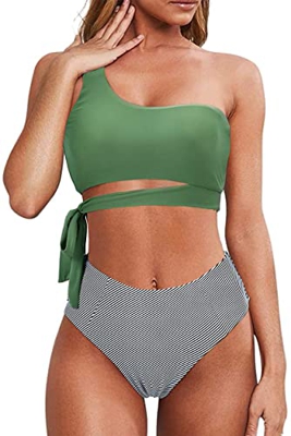 Rayson Trajes de Baño Mujer de 2 Piezas Bikini Push Up Bañador Talle Alto Control de Barriga Bandeau Push Up Solo Hombro Bikinis Brasileños Mujer