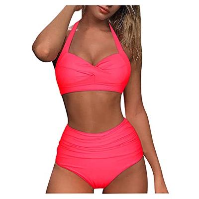 Bragas Bikini Mujer Altas Bikini de Dos Piezas con Estampado Vintage Conjunto de Dos Trajes de baño con Cintura Retro Fruncida para Mujer Women Tankin