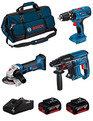 BOSCH Kit 18V BK305BAG (Martillo Perforador GBH 18V-21 + Taladro Percutor GSB 18V-21 + Amoladora GWS 18-125 V-LI + 2 Baterías de 5,0 Ah + Cargador + B