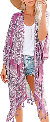 HIKARO Marca Amazon Cárdigan Largo para Mujer, Estampado Floral, para Playa, Estilo Kimono