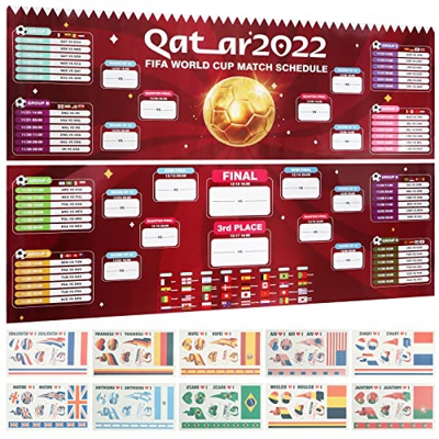 Gráfico de pared de la Copa del Mundo 2022 100,5 x 69 cm - Qatar World Cup Torneo de Fútbol - Incluye 32 equipos de fase de grupos y pista final Knock