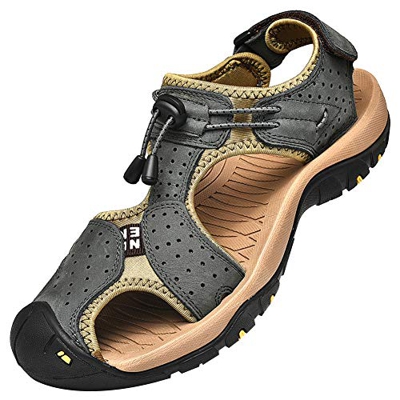 Rismart Hombre Punta Cerrado Gancho y Bucle Al Aire Libre Excursionismo Cuero Zapatos Sandalias y Chanclas SN1505(Gris Oscuro,47 EU)