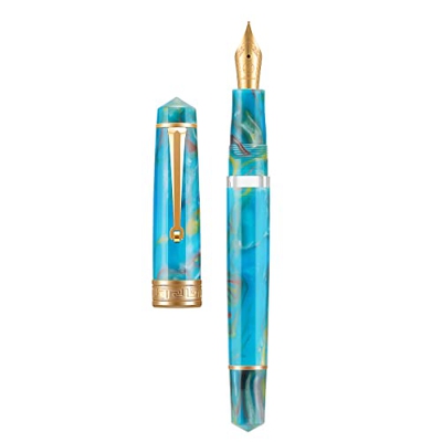Asvine Pluma estilográfica de pistón P20 de resina azul lago, punta mediana de iridio, colección de escritores suaves con juego de estuche