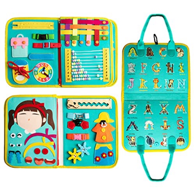 Achiyway Tablero Sensorial Montessori, 3 Capas Busy Board Montessori Bebé de 3 4 5 Años, Juguete Educativo con Letras para Aprendir a Vestir y Expresa