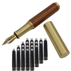 SIPLIV Pluma estilográfica de madera de latón hecha a mano, tamaño corto (85 mm), mini bolígrafo de viaje con 20 cartuchos de tinta negra, rayas marro en oferta