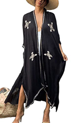 YouKD Vestido de verano floral suelto estilo caftán bohemio, ideal para cubrir el bikini en la playa, para mujer, talla grande, F Negro, talla única en oferta