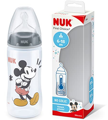 NUK First Choice+ Biberón de 300 ml con tetina de silicona, para bebés de 6-18 meses, válvula anticólicos, libre de bisfenol A y con indicador de temp