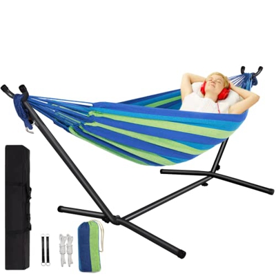 Hamaca con estructura de 200 x 140 cm para exterior e interior, hamaca con bolsa de transporte para 1-2 personas, soporta hasta 200 kg (azul)