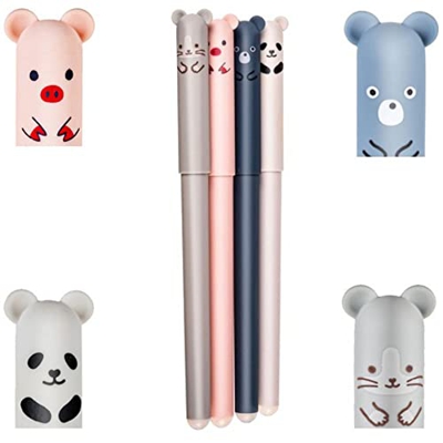 Bolígrafos Borrables Pack 4 Unidades con Goma Incorporada, Tinta Gel de 0.35. Bolis Borrables de Animales Tinta Azul Con Animales y Goma. Tinta Termos