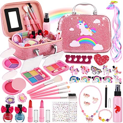 TOGOU2S Maquillaje para Niñas, 39 Piezas Maletin Maquillaje Niñas, Set Maquillaje Niña Lavables, Unicornio Maletin de Maquillaje, Juguetes Niña 4 5 6 