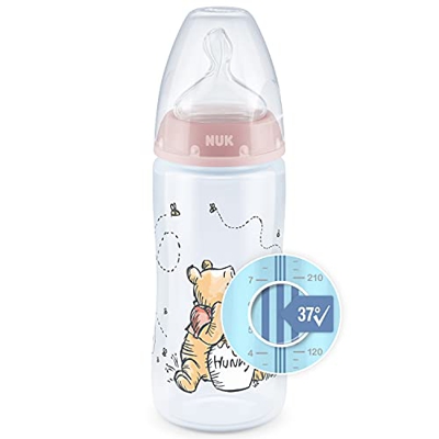 NUK First Choice+ Disney Biberón de 300 ml con tetina de silicona, para bebés de 0-6 meses, válvula anticólicos, libre de bisfenol A y con indicador d