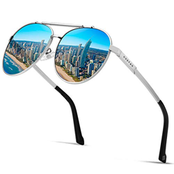 GUZTAG Gafas de sol para hombre, polarizadas, marco de metal, unisex, protección UV, 400 conducción, gafas de sol, Marco: plata, lentes: espejo azul características