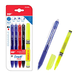 MP – PACK 4 Bolígrafos y un Subrayador de Regalo, 4 Bolígrafos Borrables, Bolígrafos sin Tapa, Marcador Amarillo, Material Escolar, Material Oficina,  precio