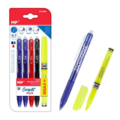 MP – PACK 4 Bolígrafos y un Subrayador de Regalo, 4 Bolígrafos Borrables, Bolígrafos sin Tapa, Marcador Amarillo, Material Escolar, Material Oficina, 