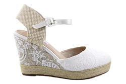 Alpargatas boda blancas Plataforma Punta Cerrada. Sandalias mujer cuñas esparto con encaje blanco. Cuña alta para novia. Talla: 37 características