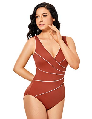 DELIMIRA - Bañador a Rayas Escote en V Traje de Baño de Una Pieza para Mujer Rojo Chino 48