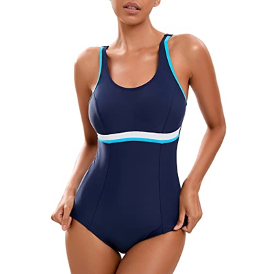 Veranohub Bañador Deportivo de una Pieza para Mujer con Espalda Cruzada, Espalda en U(Azul Marino/Azul/Blanco,EU46)