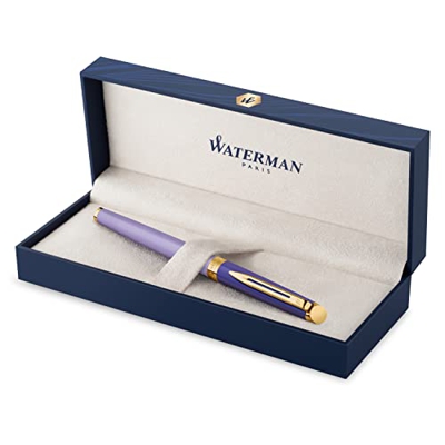 Waterman Hémisphère - Pluma estilográfica, metal y laca morada, con borde recubierto de oro, punta fina recubierta de oro, caja de regalo