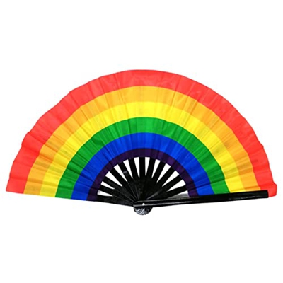 QINGRONG Ventilador de mano plegable grande de 33 cm Bling Bling Hand Rave Fan Rainbow Print Bamboo Oxford Cloth Festival Ventilador de mano para rega