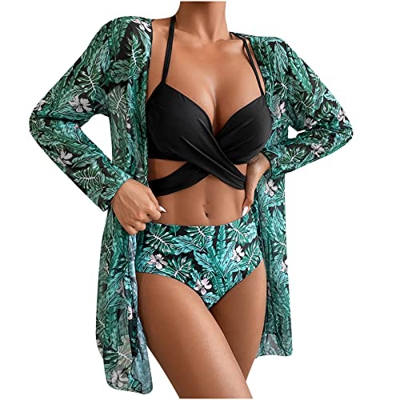 Nuevo 2022 Mujer Bikini 3pcs Conjunto de Bikinis + chal Ropa de Playa Sexy Push up Cintura alta Hawaii elegante impresión Moda Bikini Tankinis mujer B